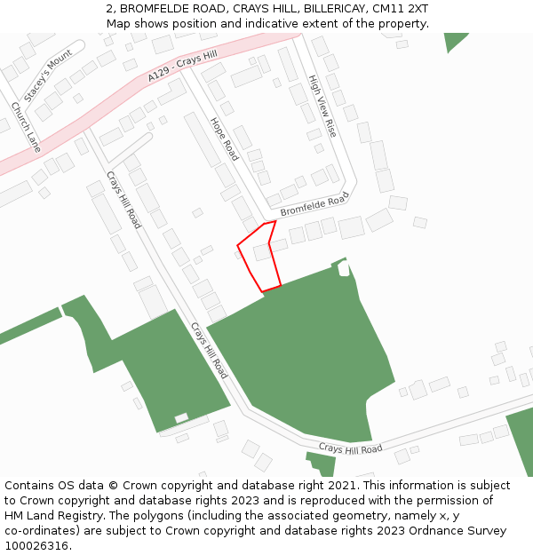 2, BROMFELDE ROAD, CRAYS HILL, BILLERICAY, CM11 2XT: Location map and indicative extent of plot