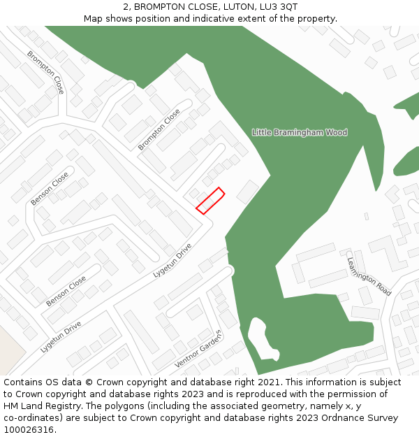 2, BROMPTON CLOSE, LUTON, LU3 3QT: Location map and indicative extent of plot