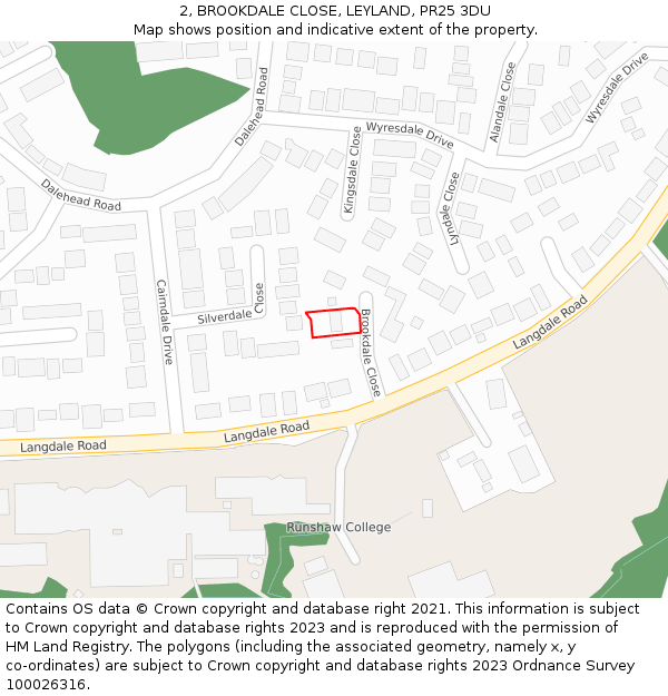 2, BROOKDALE CLOSE, LEYLAND, PR25 3DU: Location map and indicative extent of plot