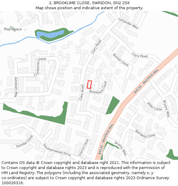 2, BROOKLIME CLOSE, SWINDON, SN2 2SX: Location map and indicative extent of plot