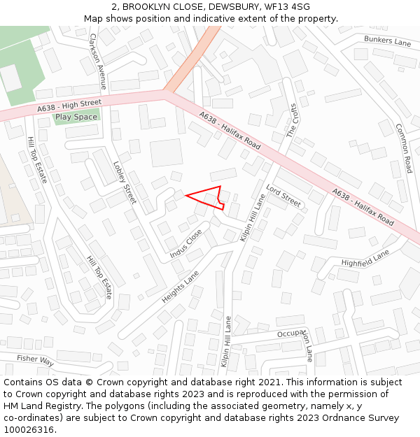 2, BROOKLYN CLOSE, DEWSBURY, WF13 4SG: Location map and indicative extent of plot