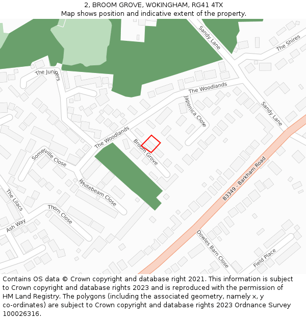 2, BROOM GROVE, WOKINGHAM, RG41 4TX: Location map and indicative extent of plot