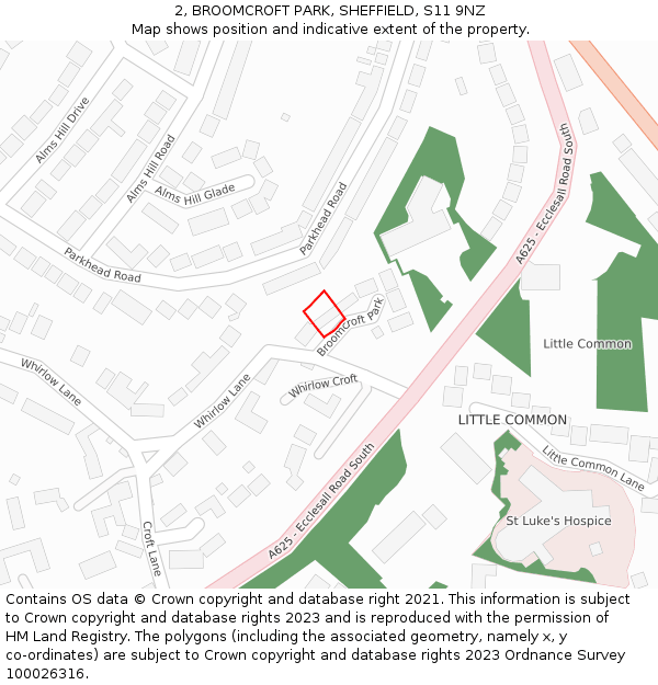 2, BROOMCROFT PARK, SHEFFIELD, S11 9NZ: Location map and indicative extent of plot