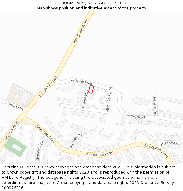 2, BROOME WAY, NUNEATON, CV10 9RJ: Location map and indicative extent of plot