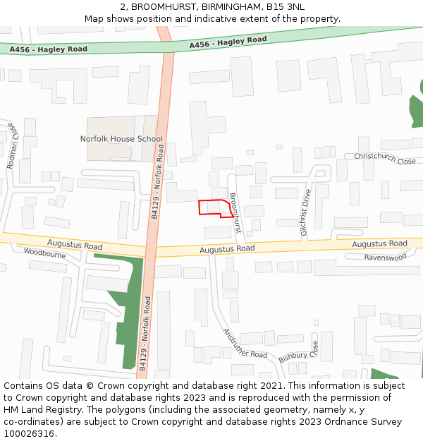 2, BROOMHURST, BIRMINGHAM, B15 3NL: Location map and indicative extent of plot