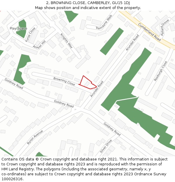 2, BROWNING CLOSE, CAMBERLEY, GU15 1DJ: Location map and indicative extent of plot