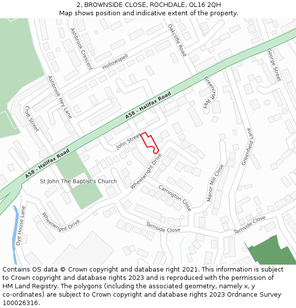 2, BROWNSIDE CLOSE, ROCHDALE, OL16 2QH: Location map and indicative extent of plot