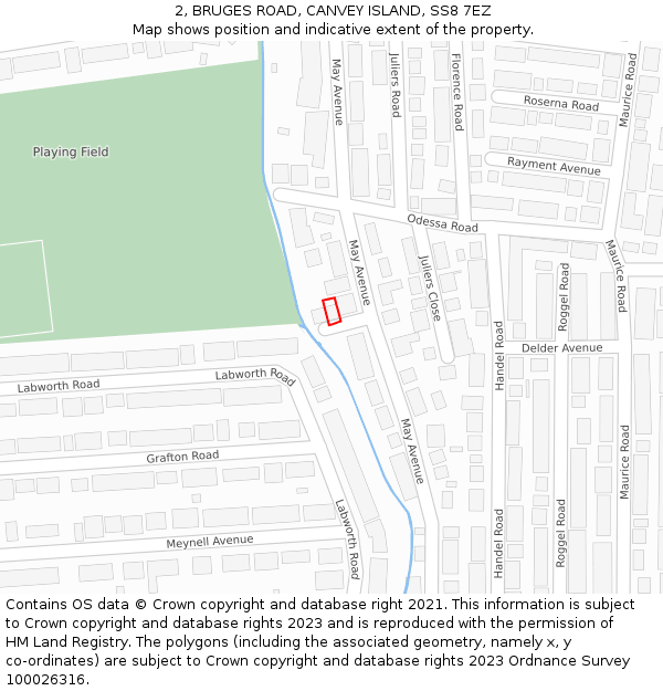 2, BRUGES ROAD, CANVEY ISLAND, SS8 7EZ: Location map and indicative extent of plot