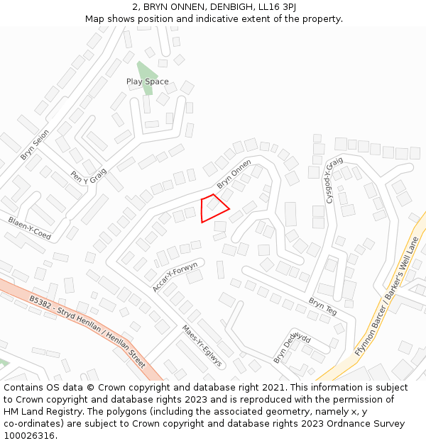 2, BRYN ONNEN, DENBIGH, LL16 3PJ: Location map and indicative extent of plot