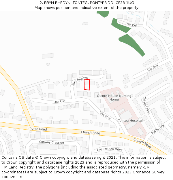 2, BRYN RHEDYN, TONTEG, PONTYPRIDD, CF38 1UG: Location map and indicative extent of plot
