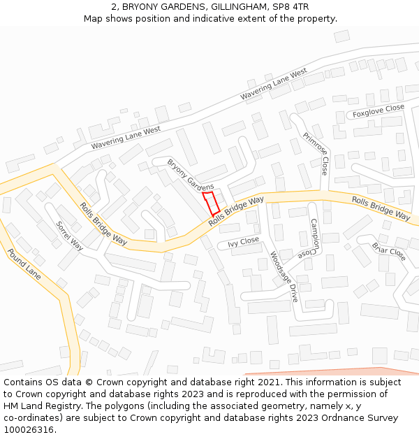 2, BRYONY GARDENS, GILLINGHAM, SP8 4TR: Location map and indicative extent of plot