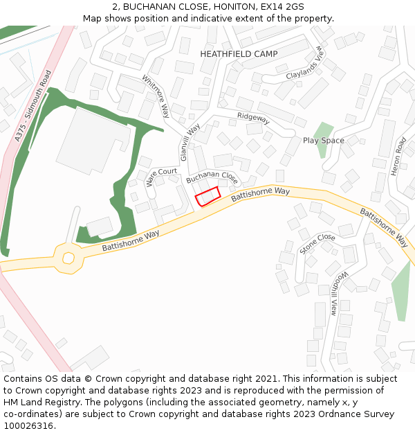 2, BUCHANAN CLOSE, HONITON, EX14 2GS: Location map and indicative extent of plot