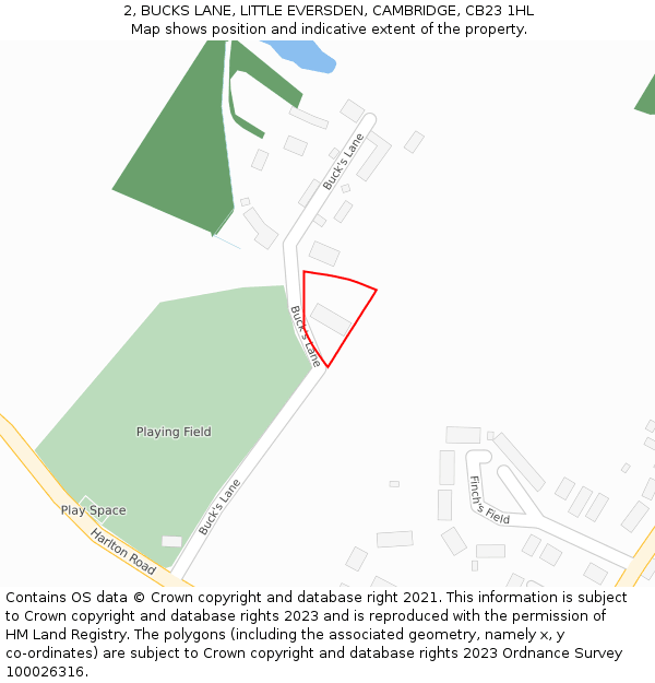 2, BUCKS LANE, LITTLE EVERSDEN, CAMBRIDGE, CB23 1HL: Location map and indicative extent of plot