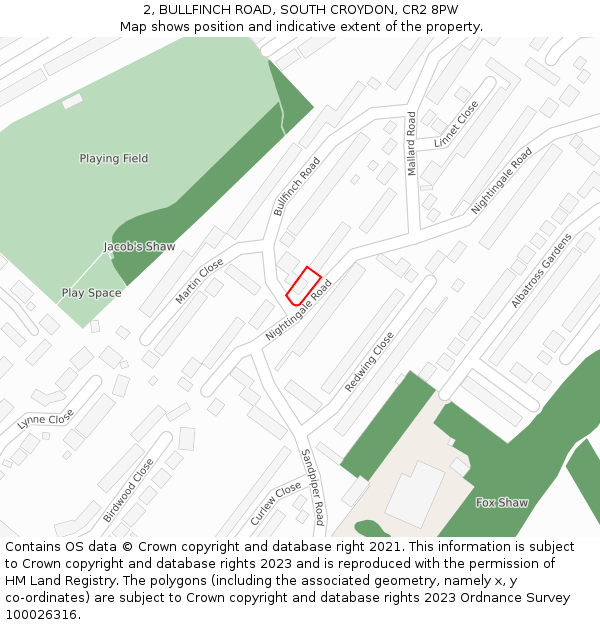 2, BULLFINCH ROAD, SOUTH CROYDON, CR2 8PW: Location map and indicative extent of plot