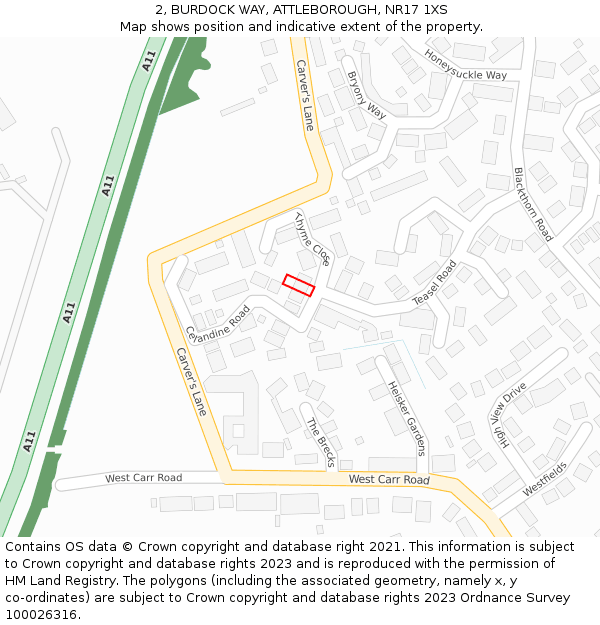 2, BURDOCK WAY, ATTLEBOROUGH, NR17 1XS: Location map and indicative extent of plot