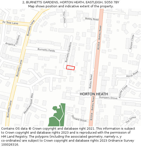 2, BURNETTS GARDENS, HORTON HEATH, EASTLEIGH, SO50 7BY: Location map and indicative extent of plot