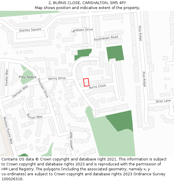 2, BURNS CLOSE, CARSHALTON, SM5 4PY: Location map and indicative extent of plot