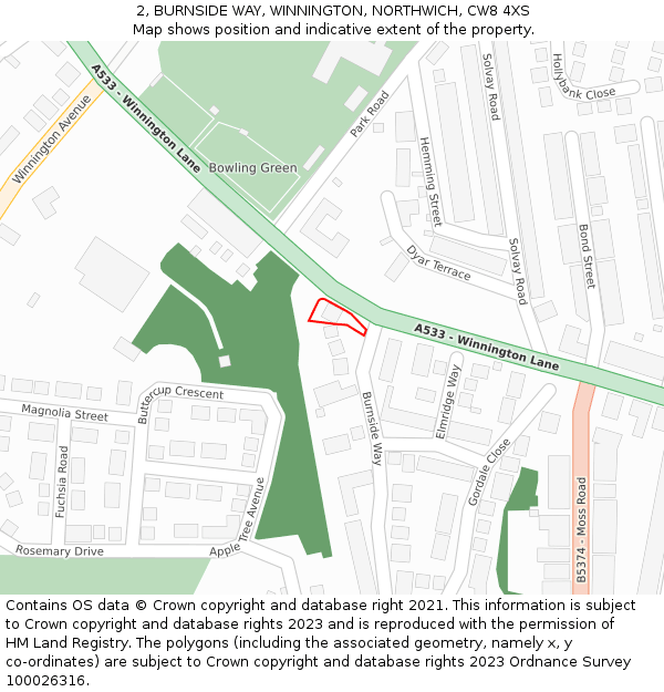 2, BURNSIDE WAY, WINNINGTON, NORTHWICH, CW8 4XS: Location map and indicative extent of plot