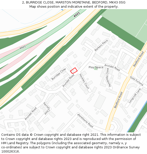 2, BURRIDGE CLOSE, MARSTON MORETAINE, BEDFORD, MK43 0SG: Location map and indicative extent of plot