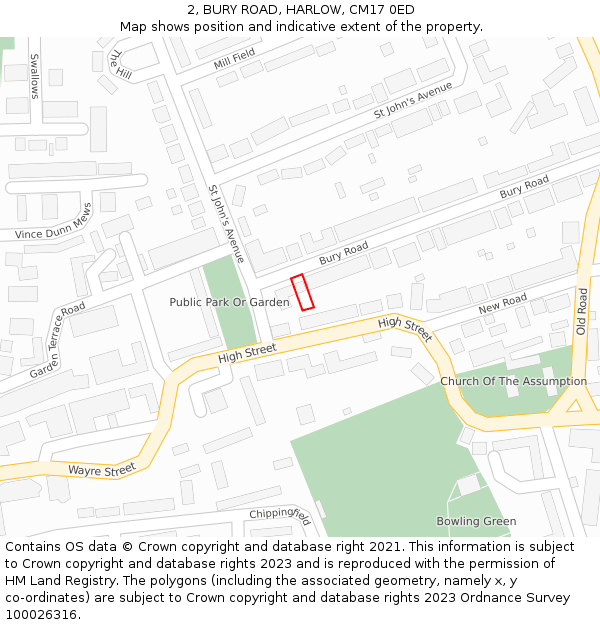 2, BURY ROAD, HARLOW, CM17 0ED: Location map and indicative extent of plot