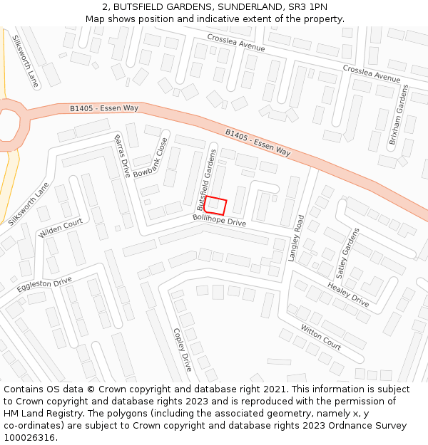 2, BUTSFIELD GARDENS, SUNDERLAND, SR3 1PN: Location map and indicative extent of plot