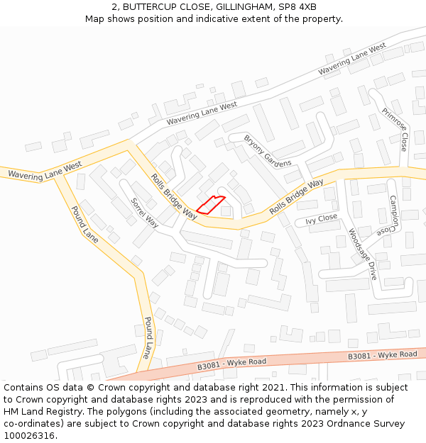 2, BUTTERCUP CLOSE, GILLINGHAM, SP8 4XB: Location map and indicative extent of plot