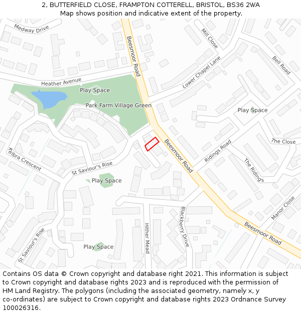 2, BUTTERFIELD CLOSE, FRAMPTON COTTERELL, BRISTOL, BS36 2WA: Location map and indicative extent of plot