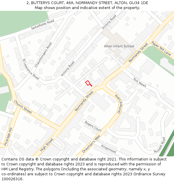 2, BUTTERYS COURT, 46A, NORMANDY STREET, ALTON, GU34 1DE: Location map and indicative extent of plot