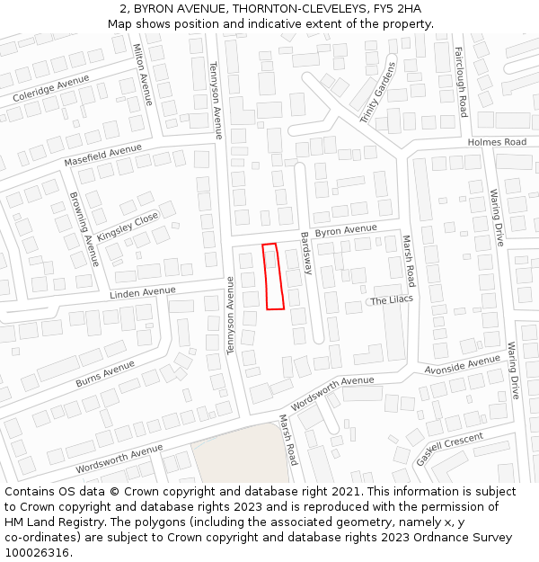 2, BYRON AVENUE, THORNTON-CLEVELEYS, FY5 2HA: Location map and indicative extent of plot