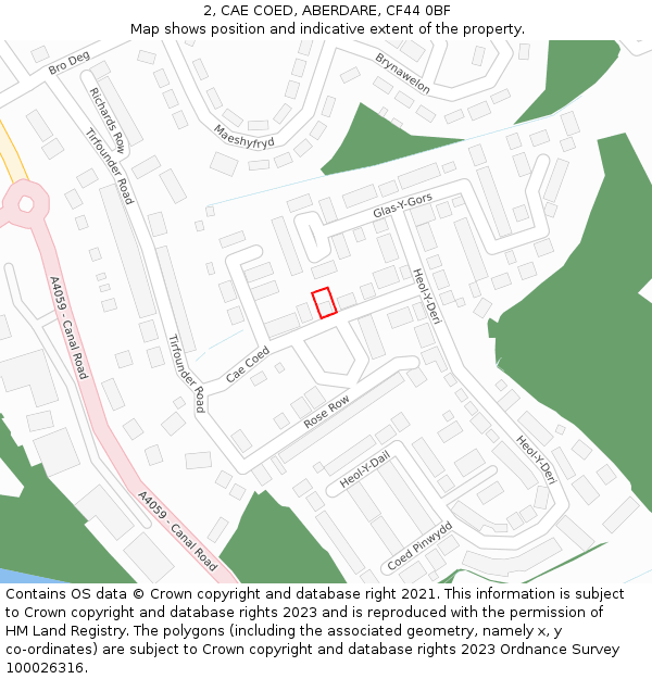 2, CAE COED, ABERDARE, CF44 0BF: Location map and indicative extent of plot