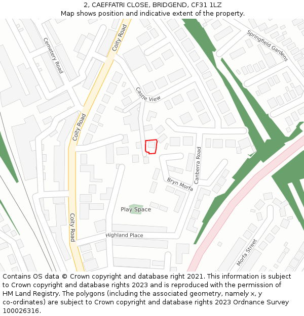 2, CAEFFATRI CLOSE, BRIDGEND, CF31 1LZ: Location map and indicative extent of plot