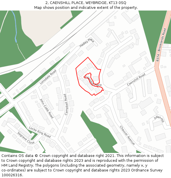 2, CAENSHILL PLACE, WEYBRIDGE, KT13 0SQ: Location map and indicative extent of plot