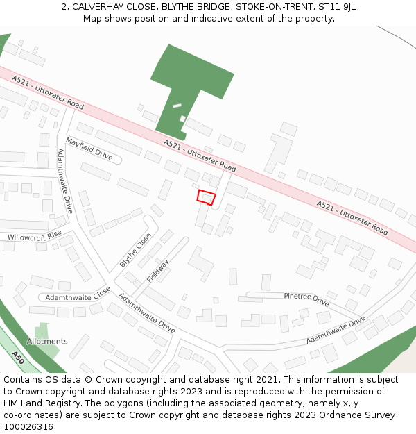 2, CALVERHAY CLOSE, BLYTHE BRIDGE, STOKE-ON-TRENT, ST11 9JL: Location map and indicative extent of plot