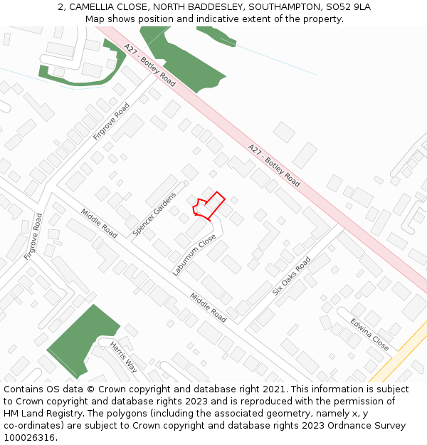 2, CAMELLIA CLOSE, NORTH BADDESLEY, SOUTHAMPTON, SO52 9LA: Location map and indicative extent of plot