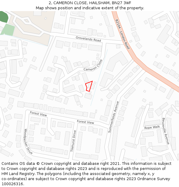 2, CAMERON CLOSE, HAILSHAM, BN27 3WF: Location map and indicative extent of plot
