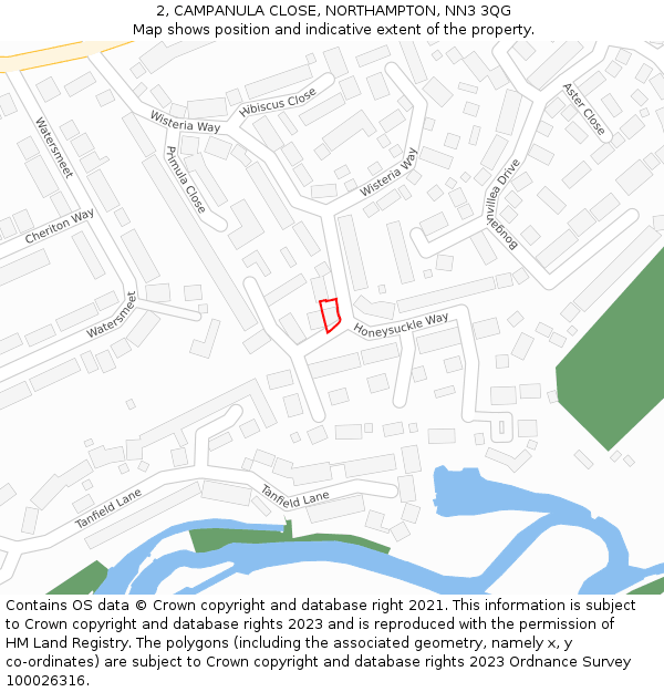 2, CAMPANULA CLOSE, NORTHAMPTON, NN3 3QG: Location map and indicative extent of plot