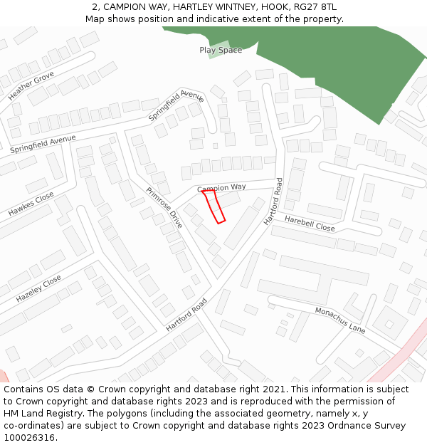 2, CAMPION WAY, HARTLEY WINTNEY, HOOK, RG27 8TL: Location map and indicative extent of plot