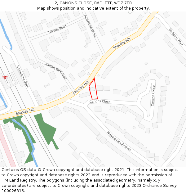 2, CANONS CLOSE, RADLETT, WD7 7ER: Location map and indicative extent of plot