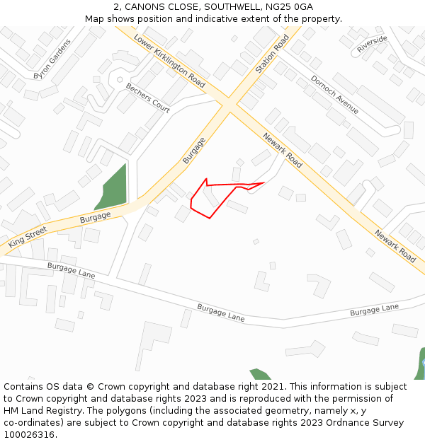 2, CANONS CLOSE, SOUTHWELL, NG25 0GA: Location map and indicative extent of plot