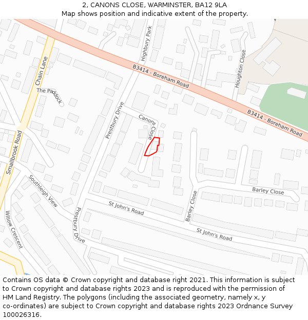 2, CANONS CLOSE, WARMINSTER, BA12 9LA: Location map and indicative extent of plot