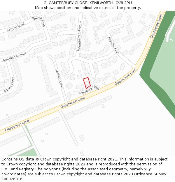 2, CANTERBURY CLOSE, KENILWORTH, CV8 2PU: Location map and indicative extent of plot