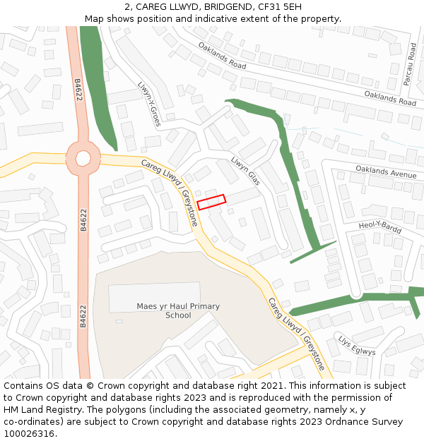 2, CAREG LLWYD, BRIDGEND, CF31 5EH: Location map and indicative extent of plot