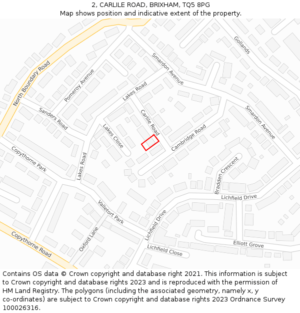 2, CARLILE ROAD, BRIXHAM, TQ5 8PG: Location map and indicative extent of plot