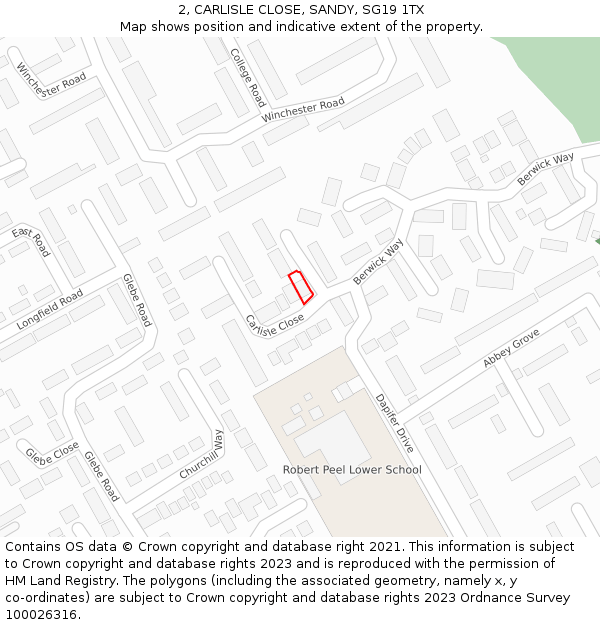 2, CARLISLE CLOSE, SANDY, SG19 1TX: Location map and indicative extent of plot