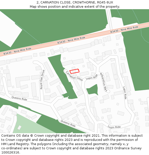 2, CARNATION CLOSE, CROWTHORNE, RG45 6UX: Location map and indicative extent of plot