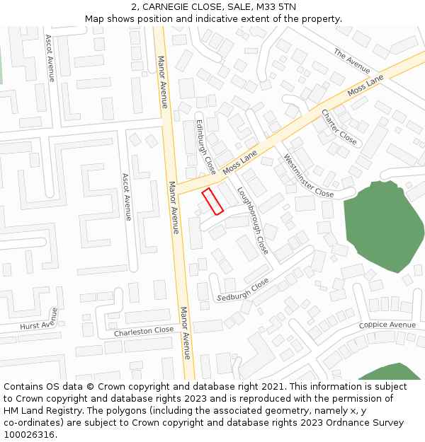 2, CARNEGIE CLOSE, SALE, M33 5TN: Location map and indicative extent of plot