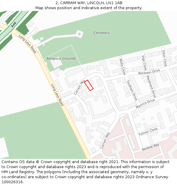 2, CARRAM WAY, LINCOLN, LN1 1AB: Location map and indicative extent of plot