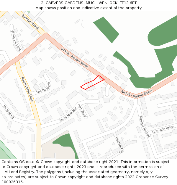 2, CARVERS GARDENS, MUCH WENLOCK, TF13 6ET: Location map and indicative extent of plot