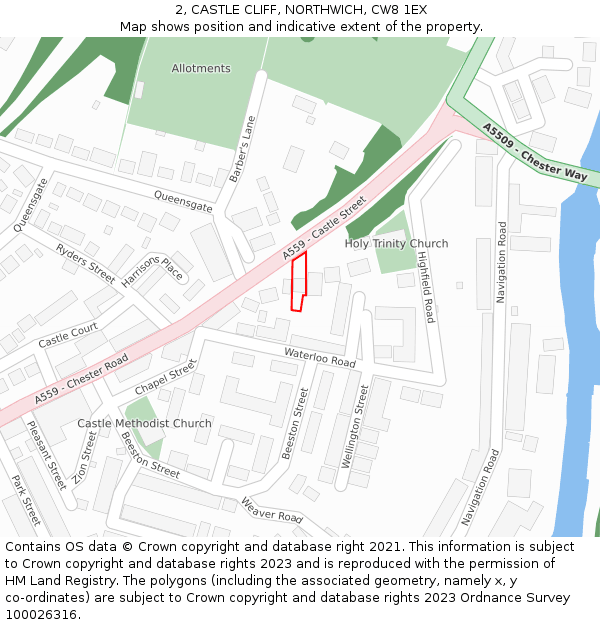 2, CASTLE CLIFF, NORTHWICH, CW8 1EX: Location map and indicative extent of plot