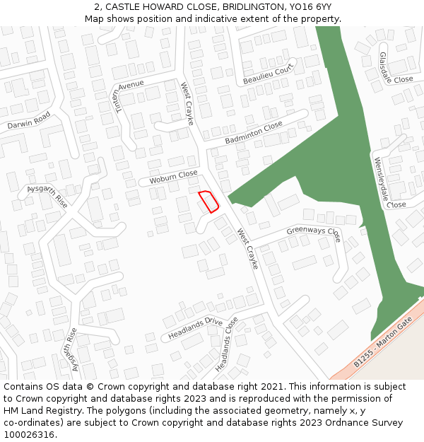 2, CASTLE HOWARD CLOSE, BRIDLINGTON, YO16 6YY: Location map and indicative extent of plot